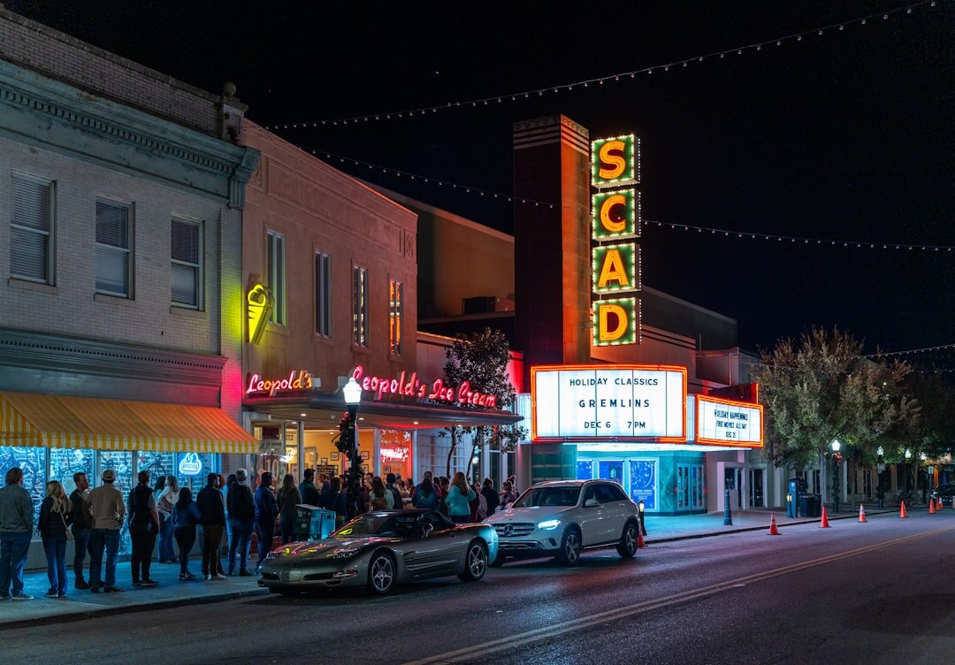 Movie premiere entrance with lights and banners